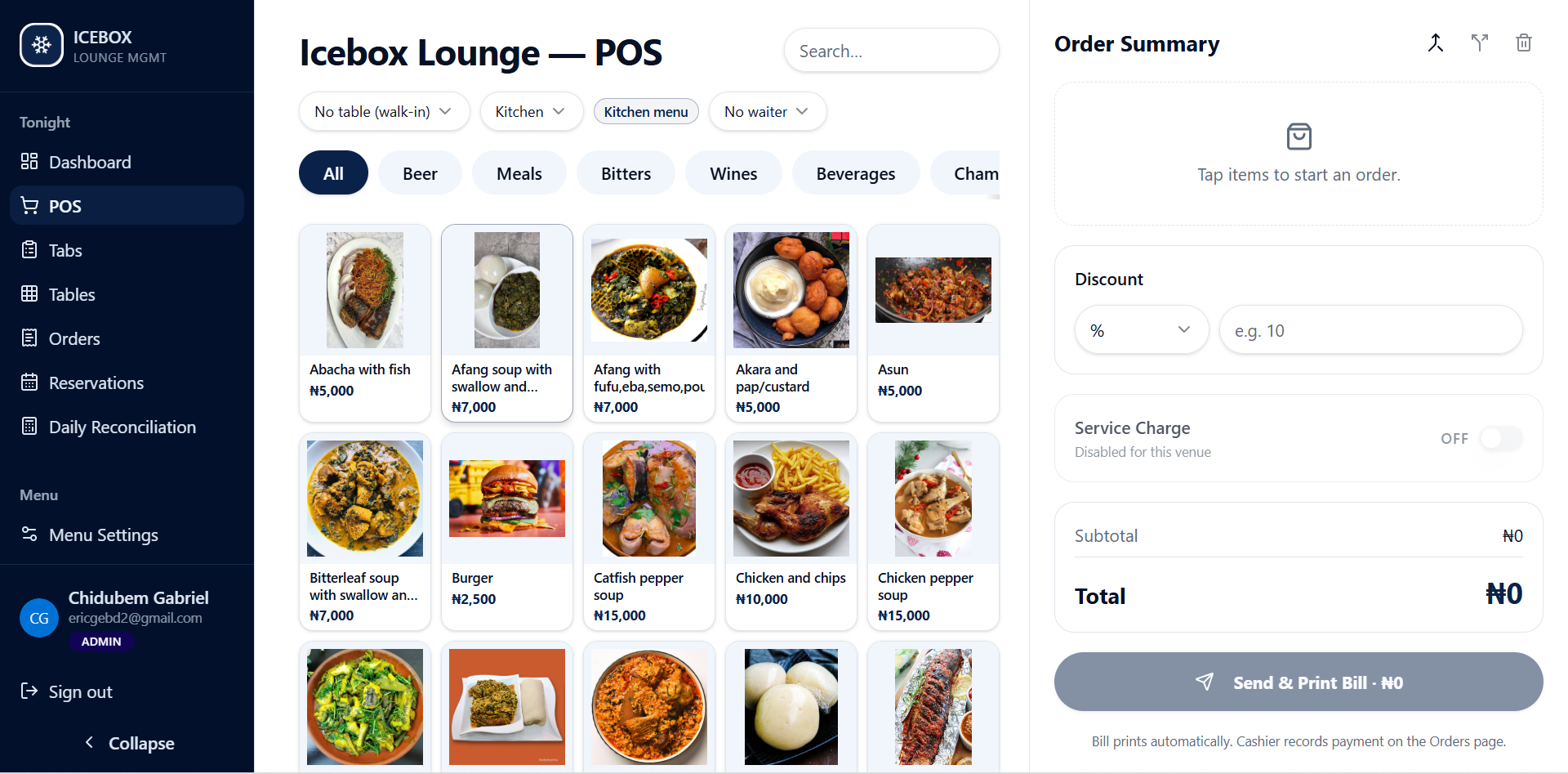 Icebox Lounge POS dashboard delivered as part of the system